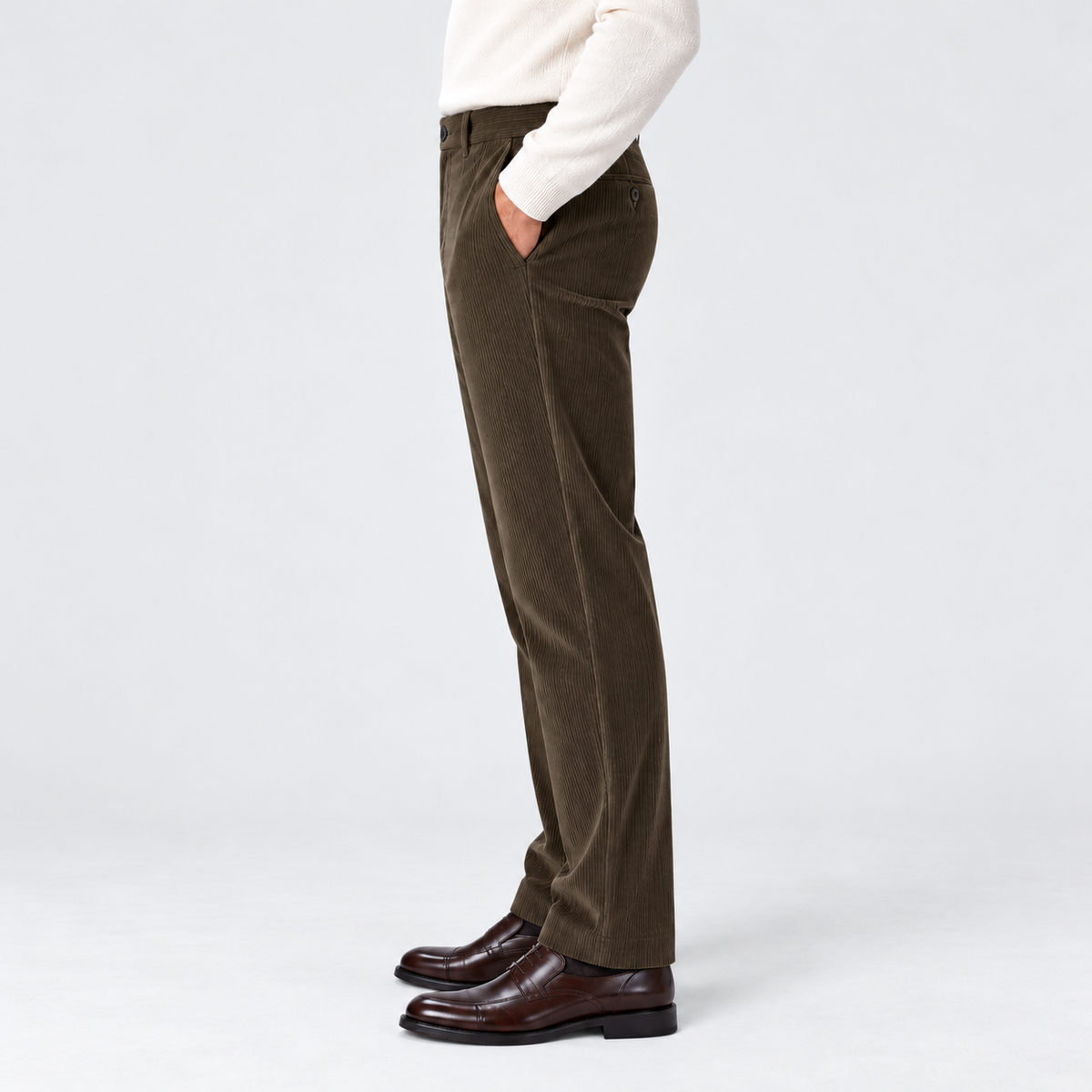 Men's flat-front corduroy trousers, olive side