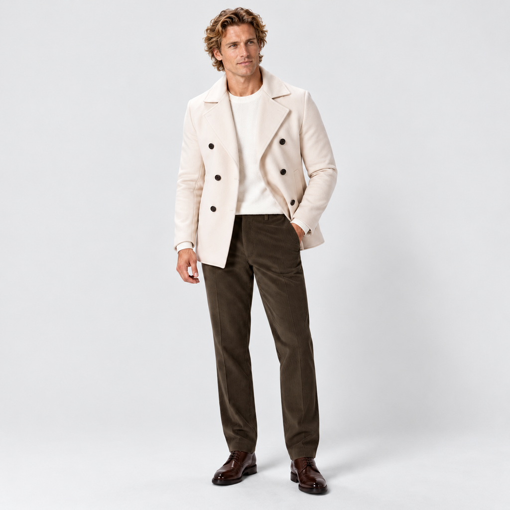 Men's flat-front corduroy trousers, olive styled v1