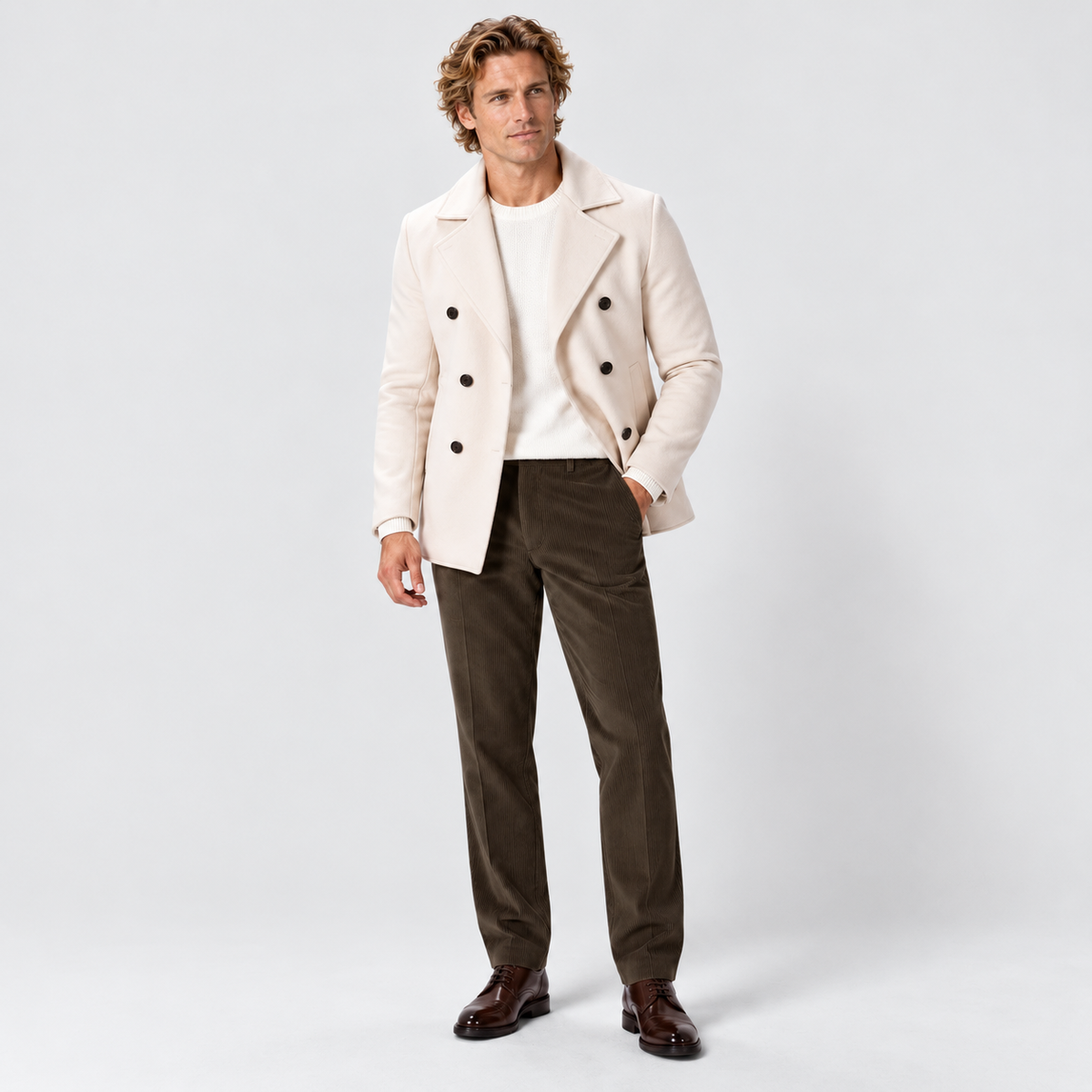 Men's flat-front corduroy trousers, olive styled v1