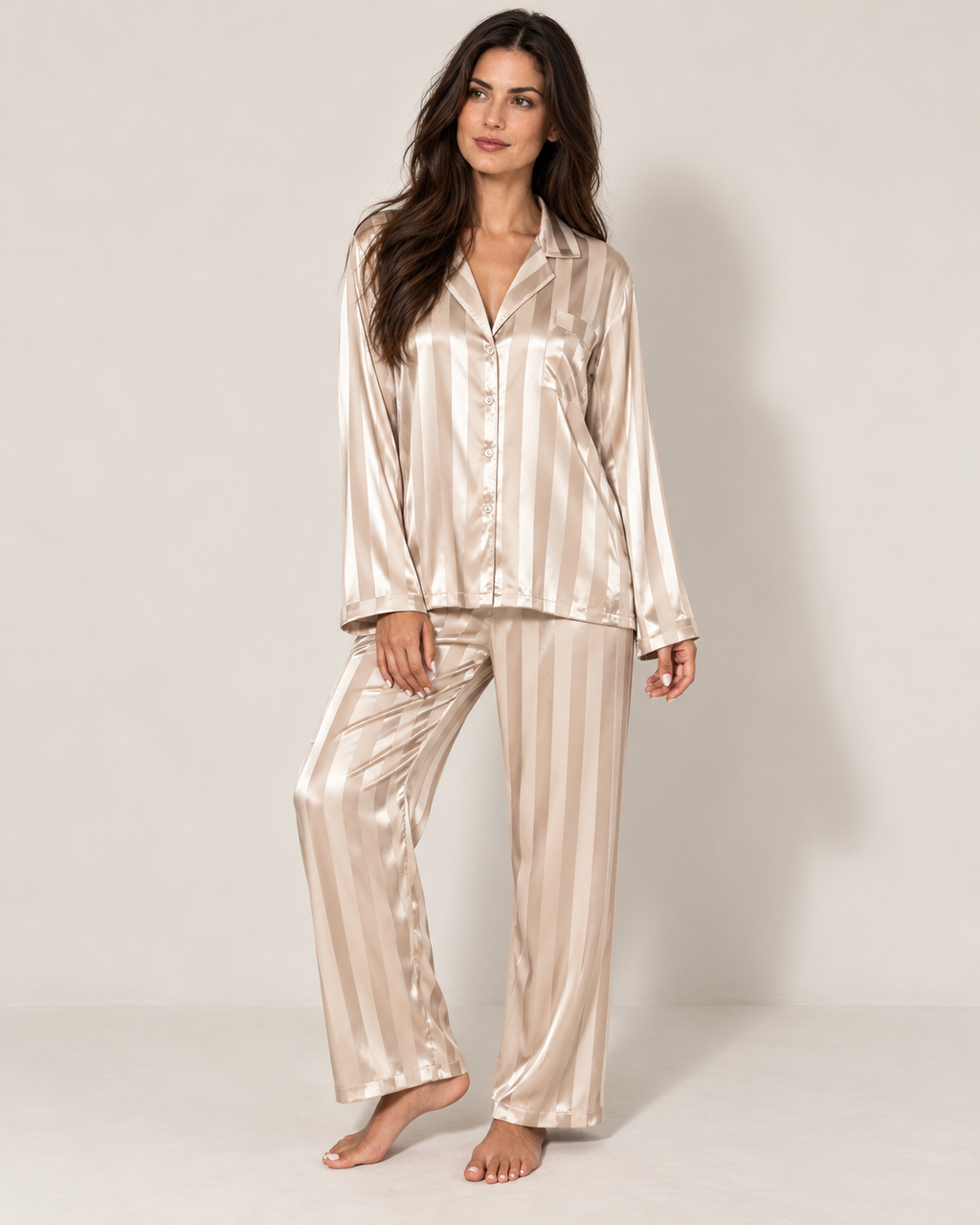 Satin stripe pyjama set with wide-leg trousers, beige front