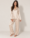 Satin stripe pyjama set with wide-leg trousers, beige front