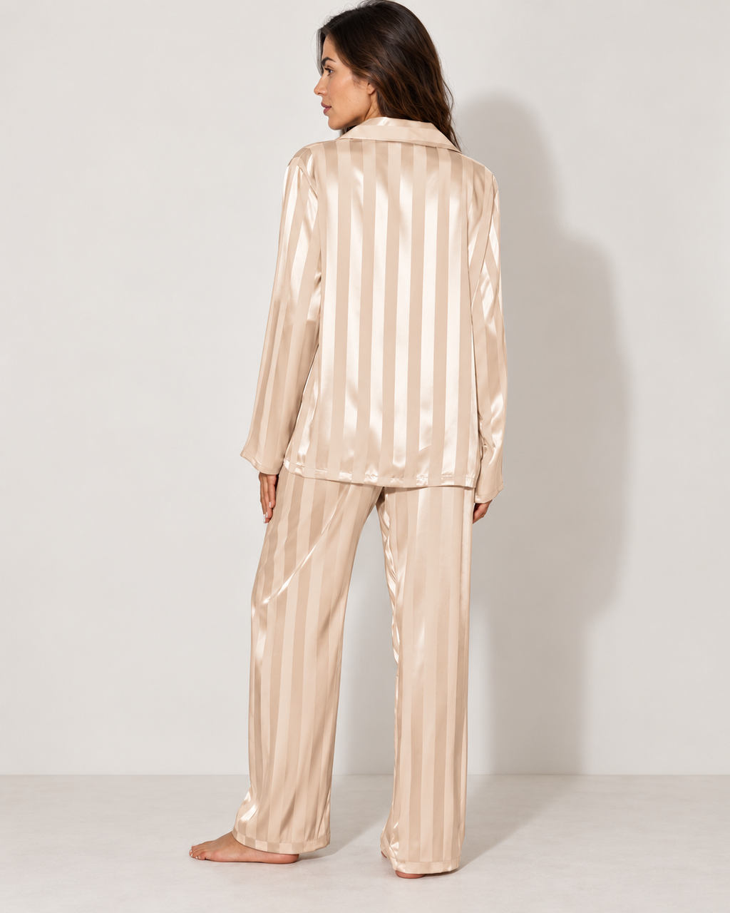 Satin stripe pyjama set with wide-leg trousers, beige rear