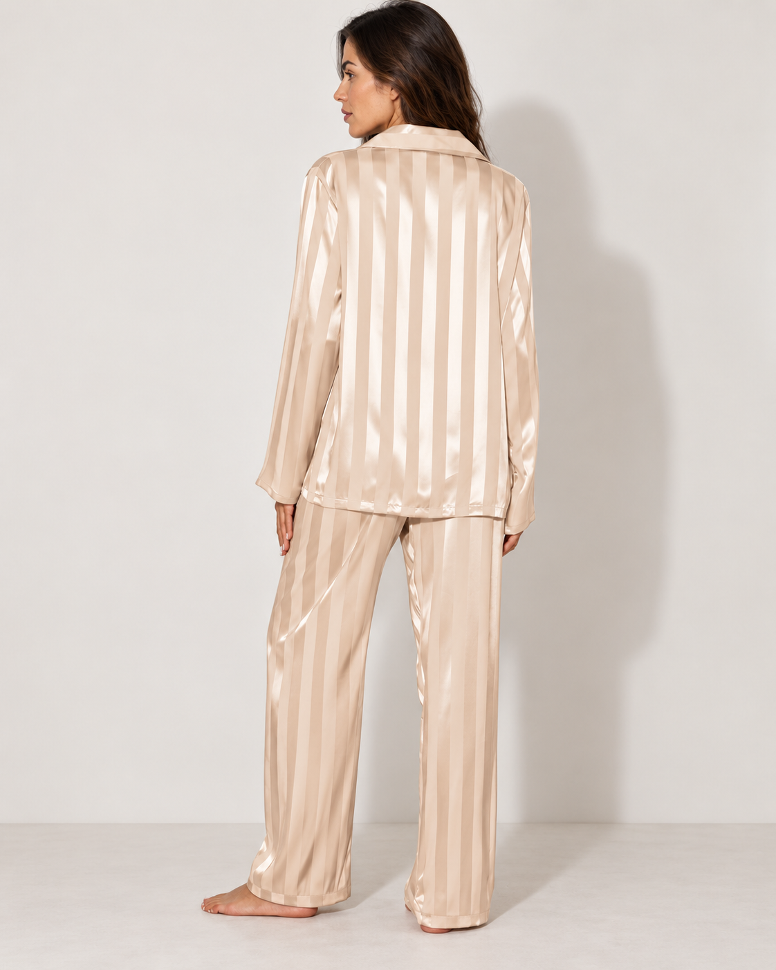 Satin stripe pyjama set with wide-leg trousers, beige rear