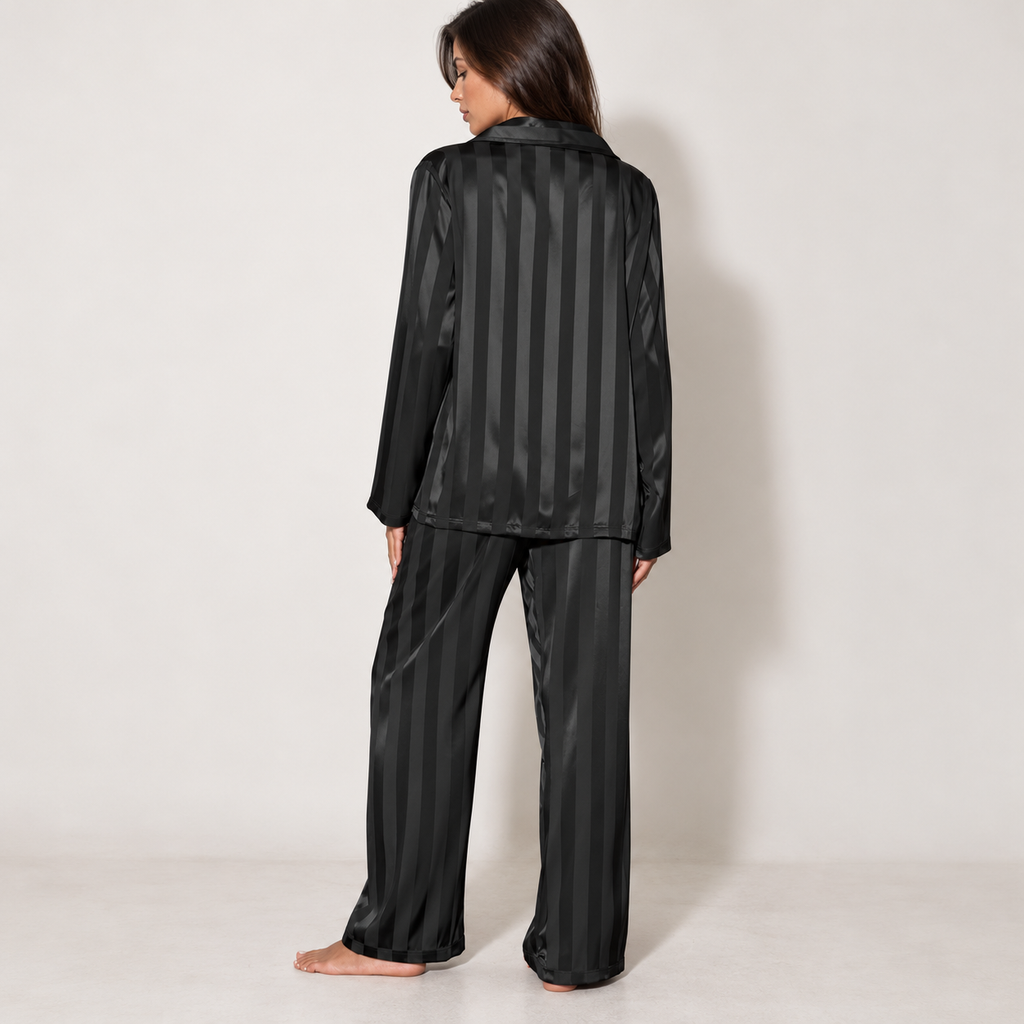 Satin stripe pyjama set with wide-leg trousers, black rear