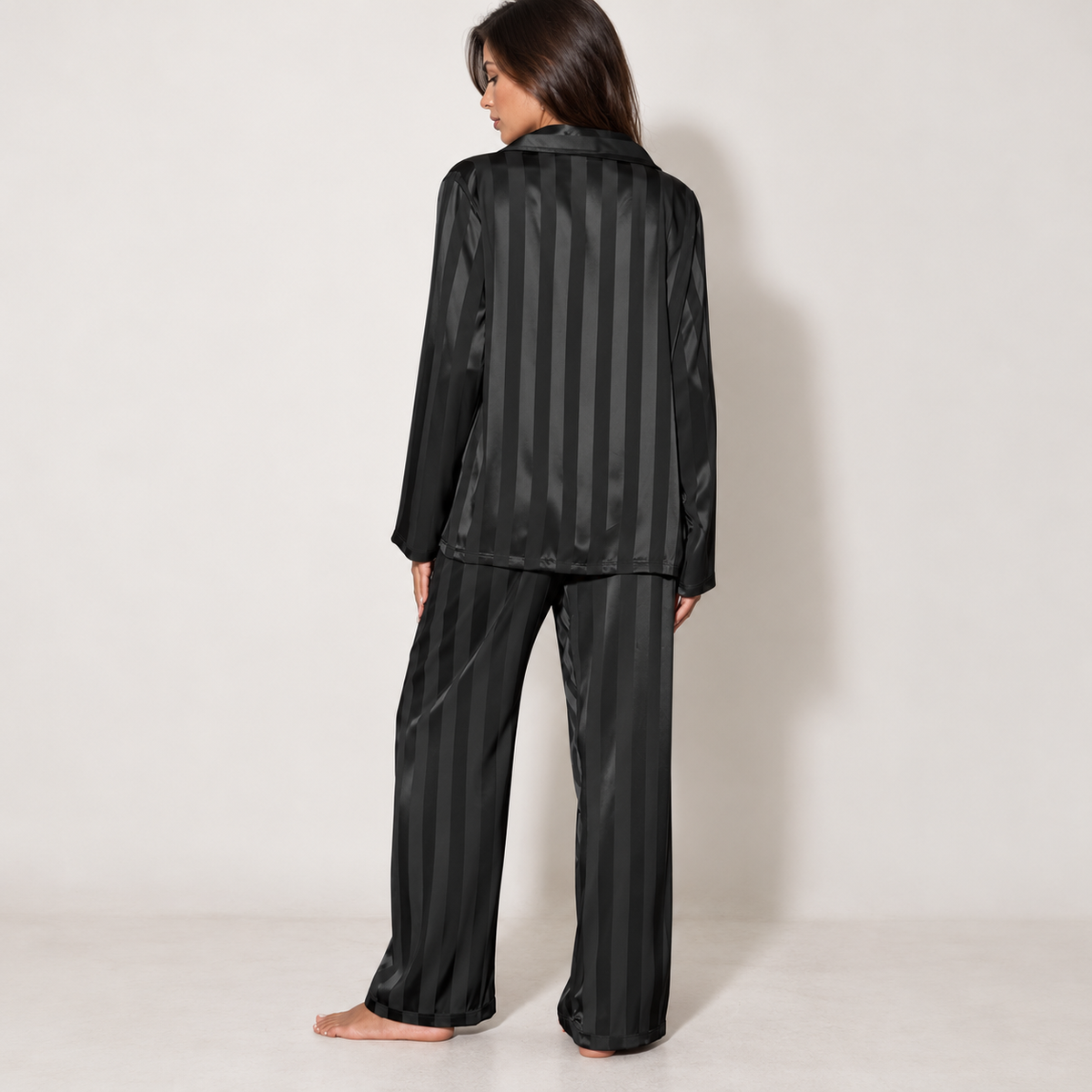 Satin stripe pyjama set with wide-leg trousers, black rear