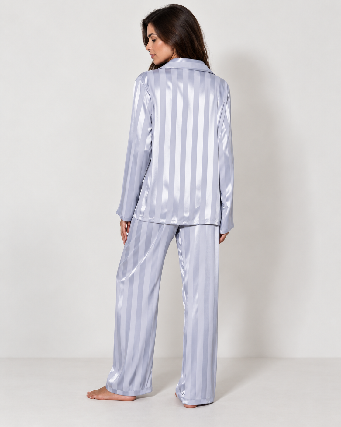 Satin stripe pyjama set with wide-leg trousers, light blue rear