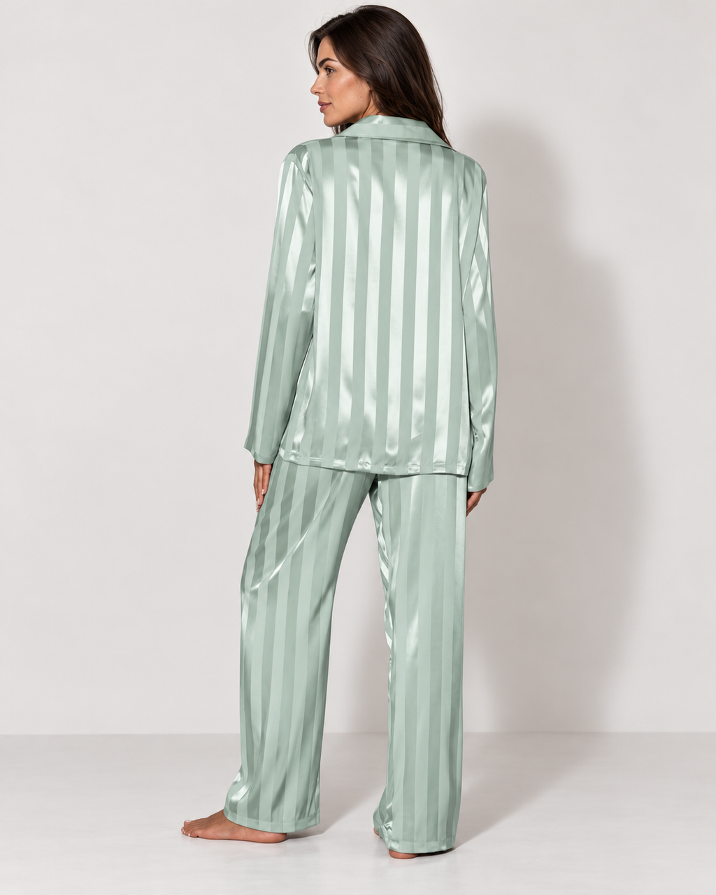 Satin stripe pyjama set with wide-leg trousers, light green rear
