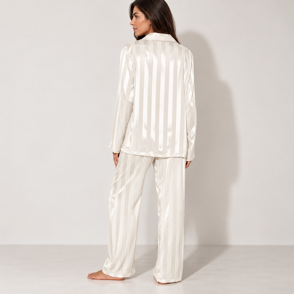 Satin stripe pyjama set with wide-leg trousers, white rear