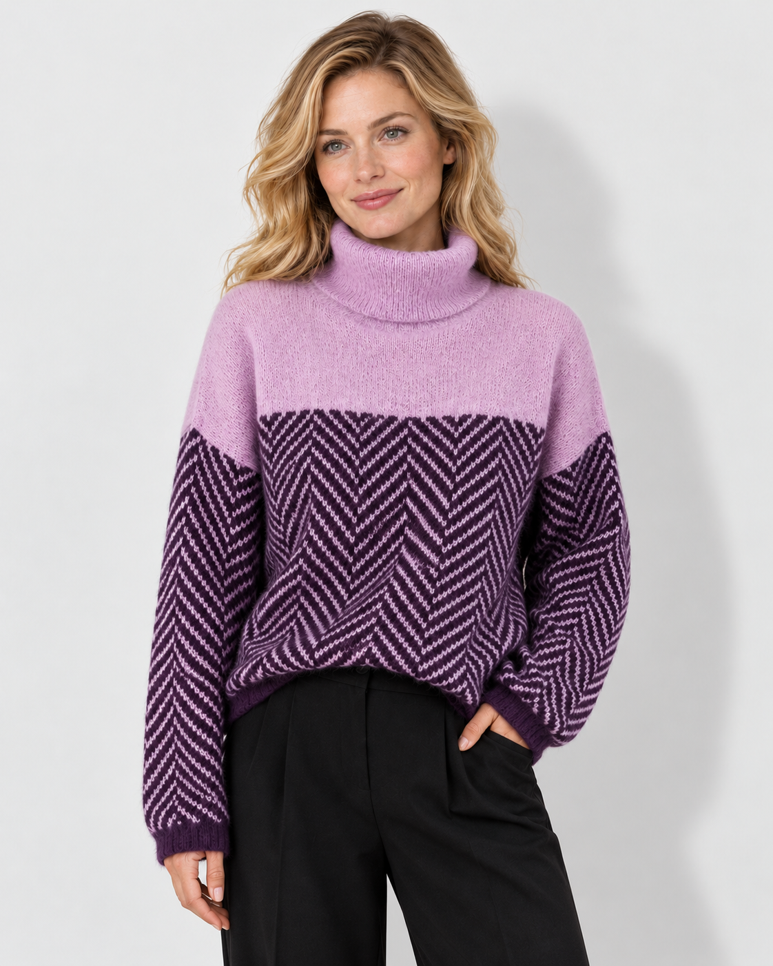 Purple oversized herringbone turtleneck sweater, Avery W01 studio front