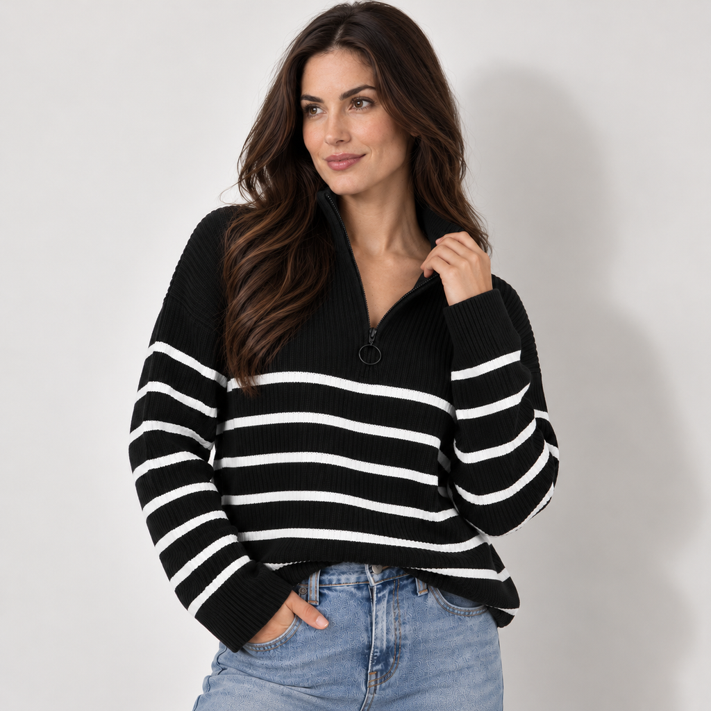 Striped quarter-zip knit sweater black-angle, W02 studio