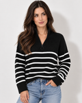Black striped quarter-zip knit sweater, W02 studio front