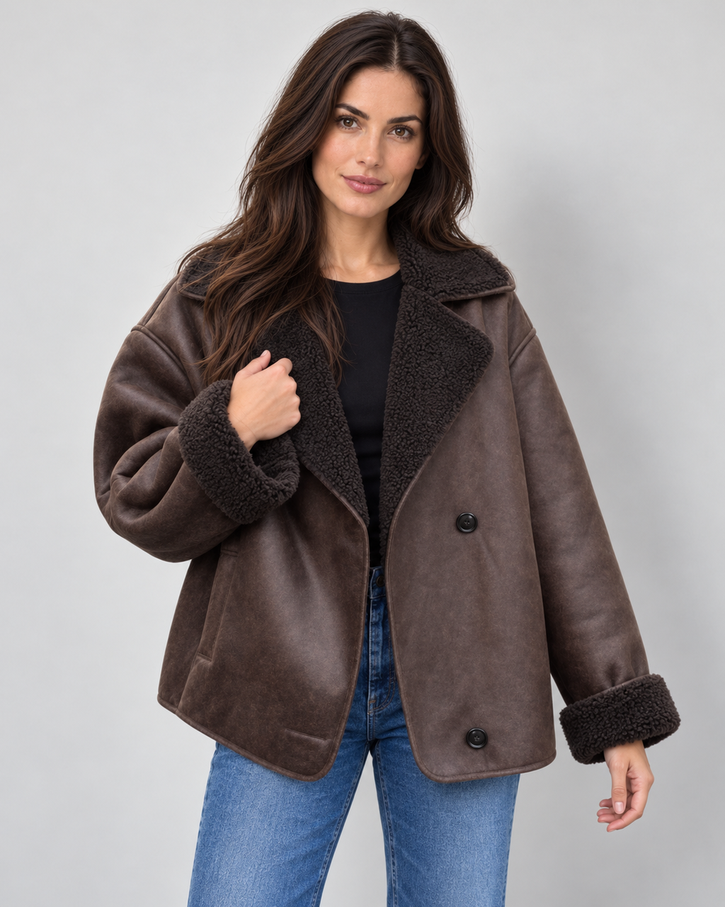 Women's brown faux leather shearling aviator jacket on Avery model, cuff-view