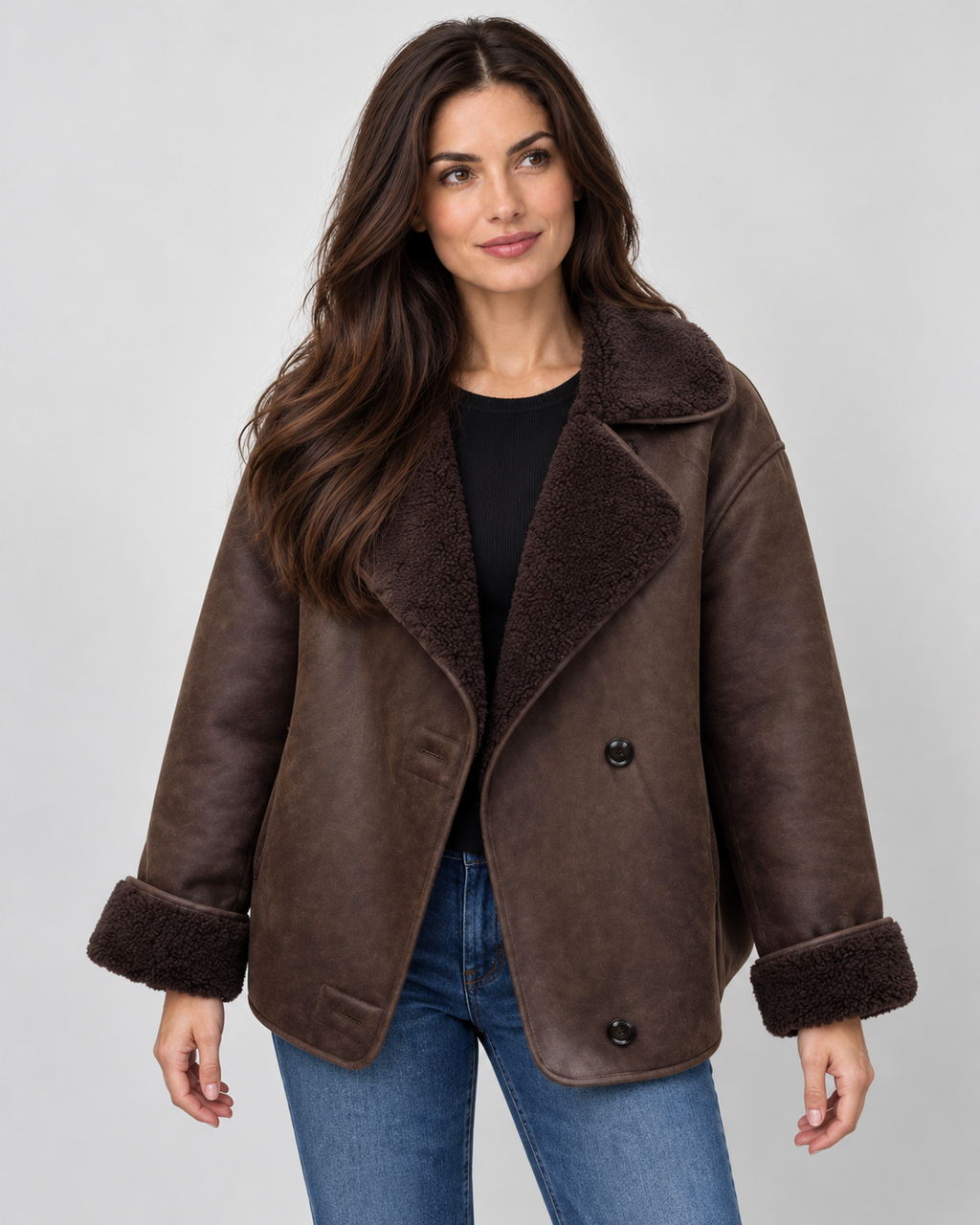 Women's brown faux leather shearling aviator jacket on Avery model, front-alt