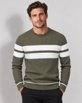 Men's striped crewneck knit sweater in army green on Avery & Mercer model