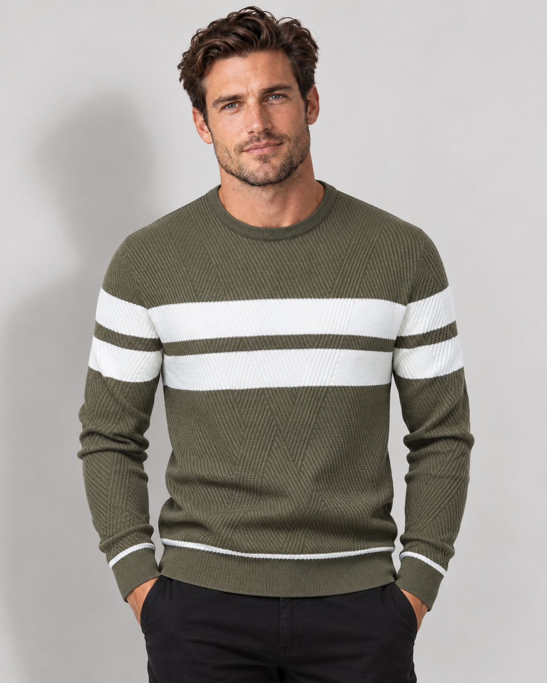 Men's striped crewneck knit sweater in army green on Avery & Mercer model