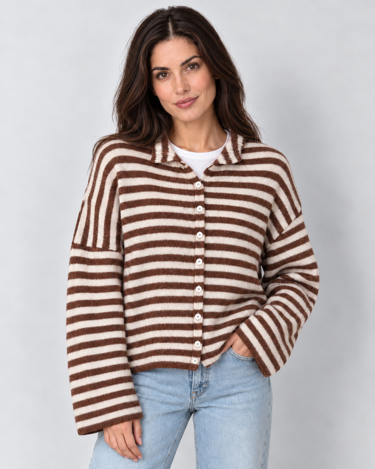 Women's striped oversized knit cardigan sweater, Brown, front view