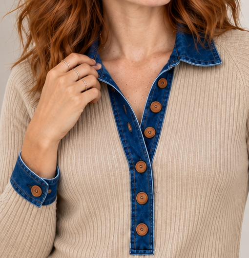 Women's ribbed knit top with denim-look collar, khaki collar native crop