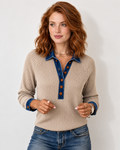 Women's ribbed knit top with denim-look collar, khaki front v1