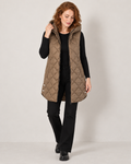 Avery & Mercer women's longline quilted hooded vest in Brown, front view on own model W03