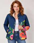 Avery & Mercer women's floral quilted jacket in Navy Floral, front view on own model W03