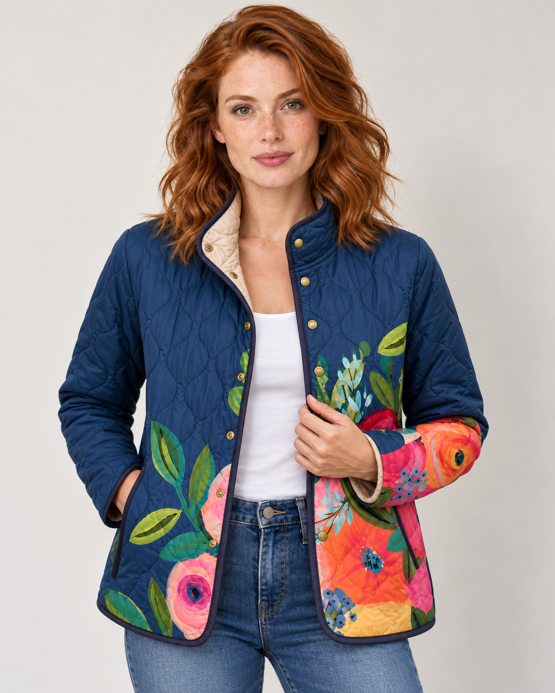 Avery & Mercer women's floral quilted jacket in Navy Floral, front view on own model W03