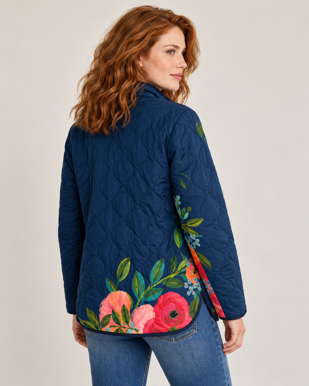 Avery & Mercer women's floral quilted jacket in Navy Floral, rear view on own model W03