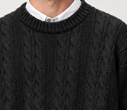 Cable-knit crew-neck sweater, black neck knit native crop