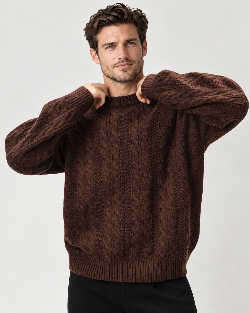 Cable-knit crew-neck sweater, brown angle v1
