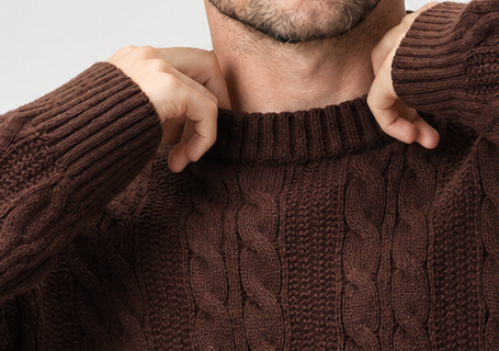 Cable-knit crew-neck sweater, brown neck cuff native crop