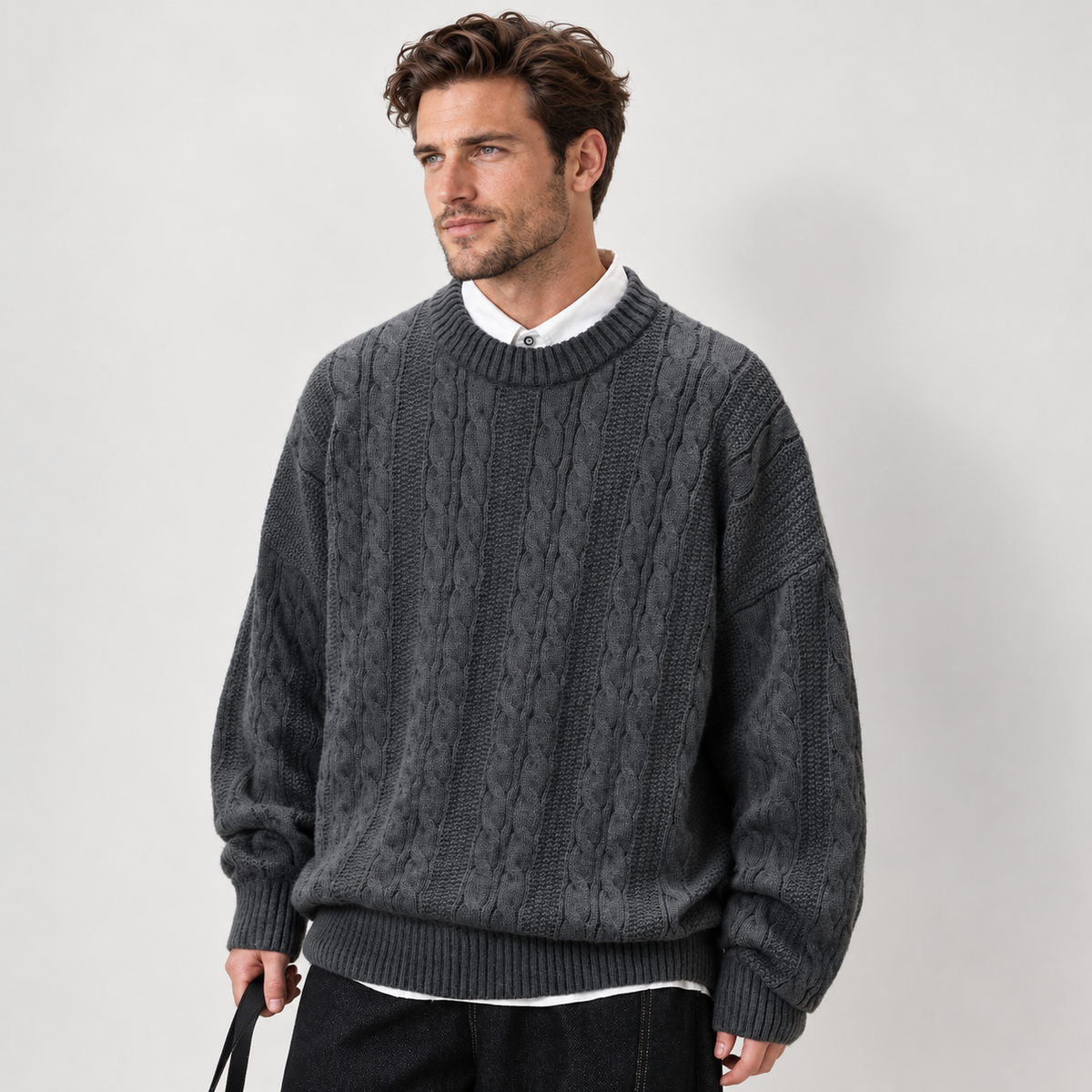 Cable-knit crew-neck sweater, grey angle v1