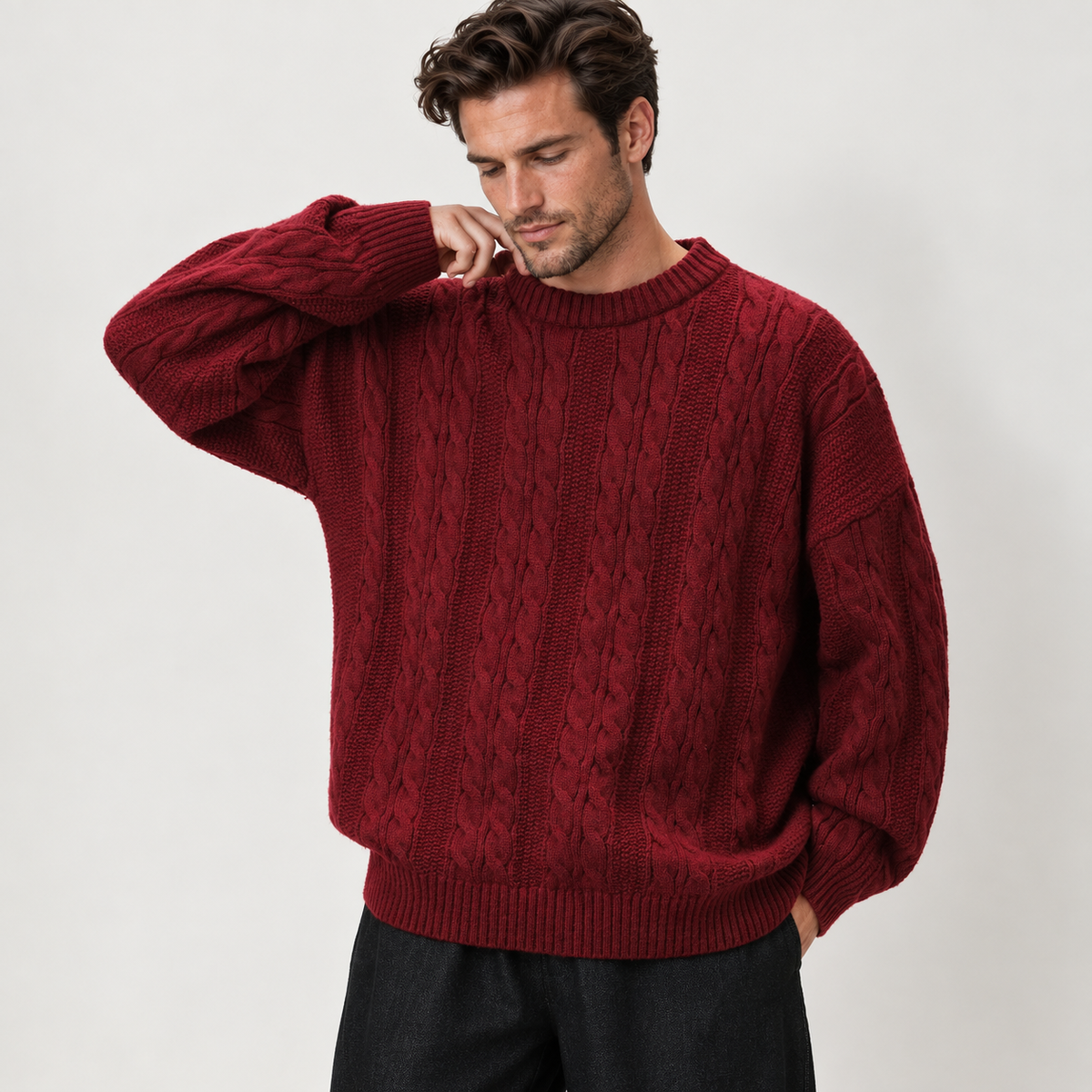 Cable-knit crew-neck sweater, merlot angle v1