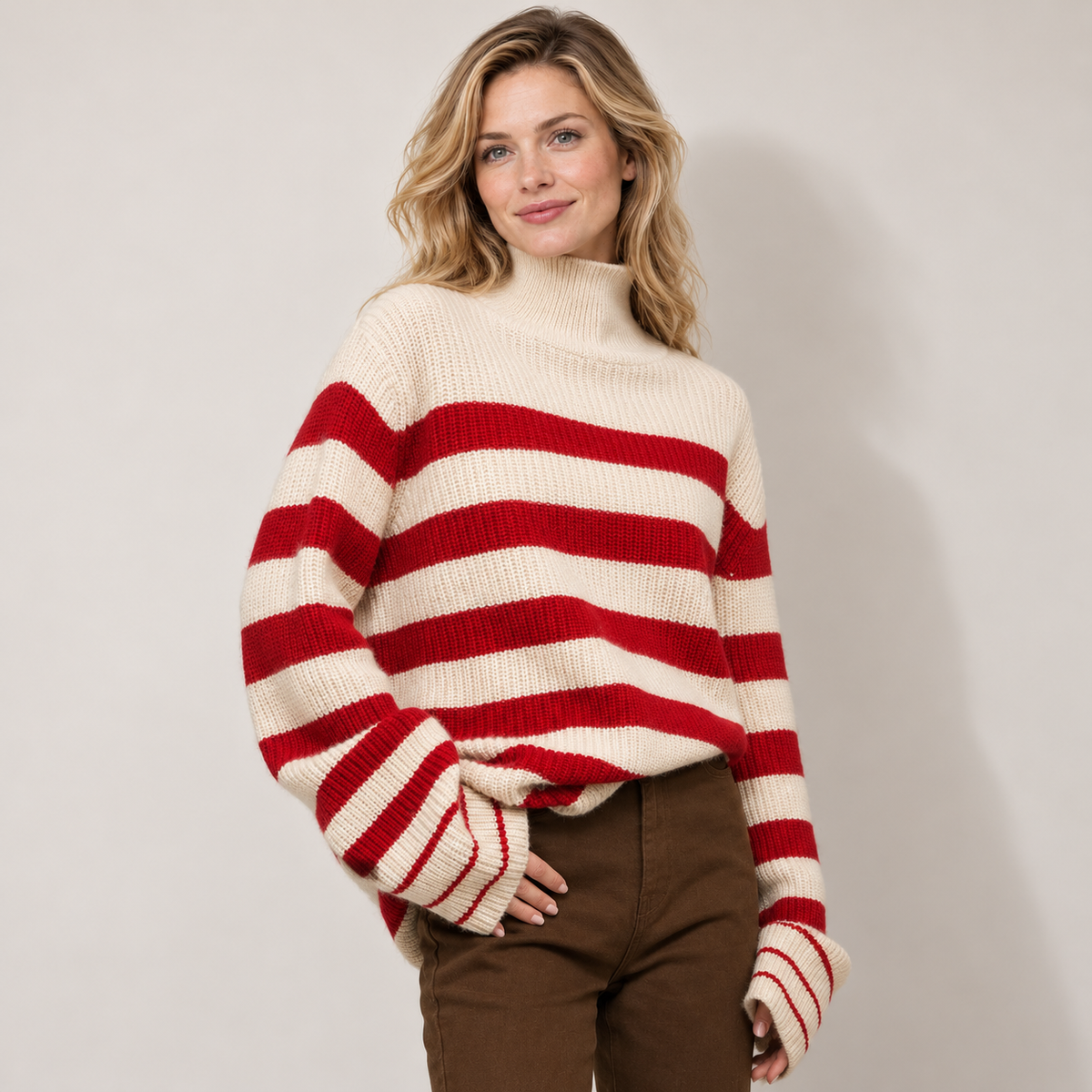 Striped turtleneck knit sweater, red angle v1