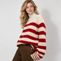 Striped turtleneck knit sweater, red front v1