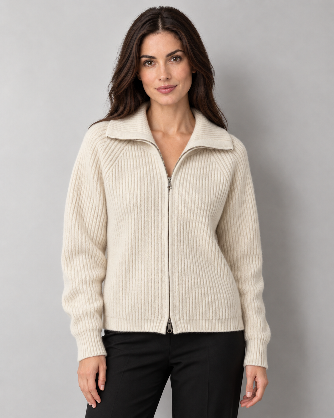 Cashmere-blend zip-front ribbed cardigan, white front v1