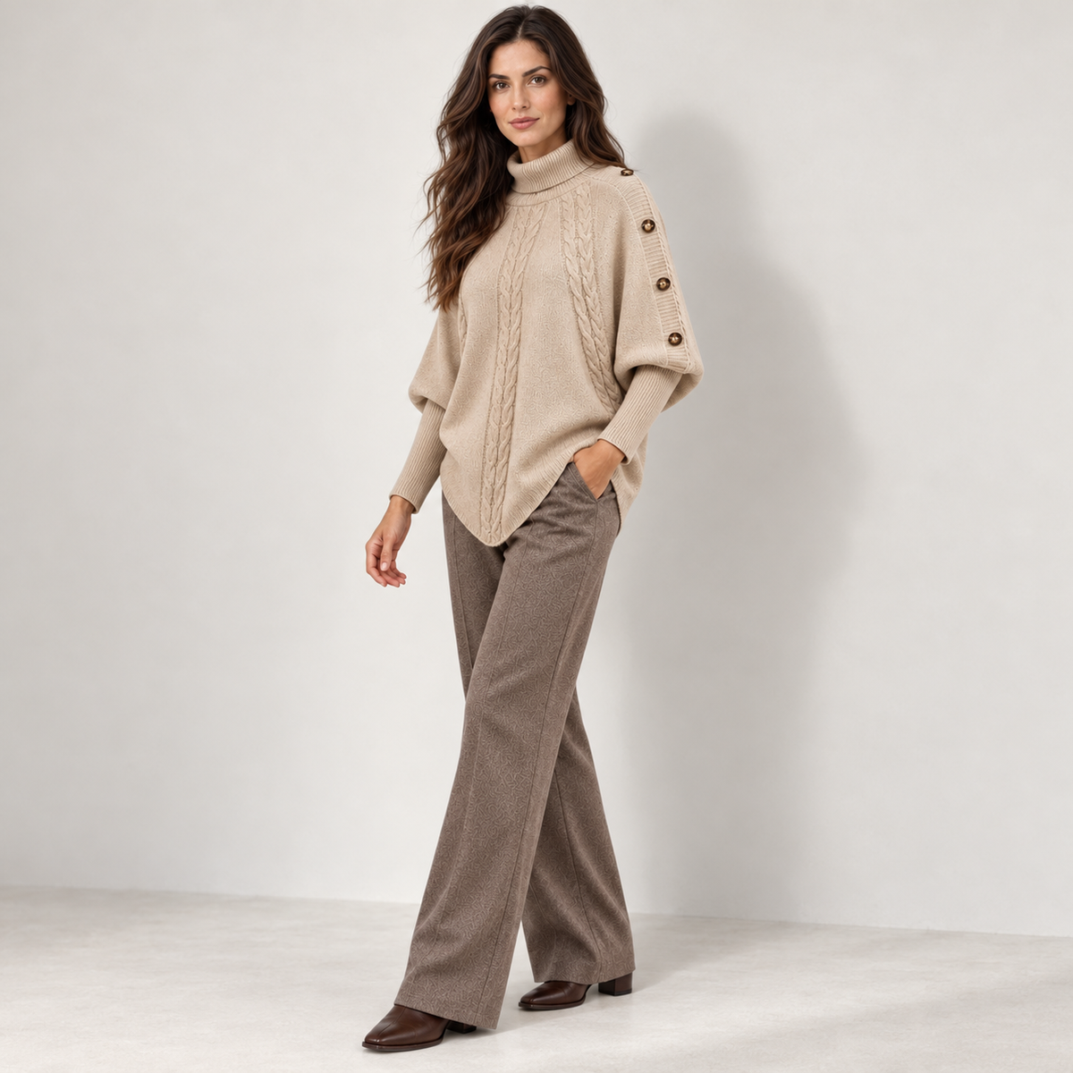 Cable-knit turtleneck sweater with shoulder buttons, beige angle