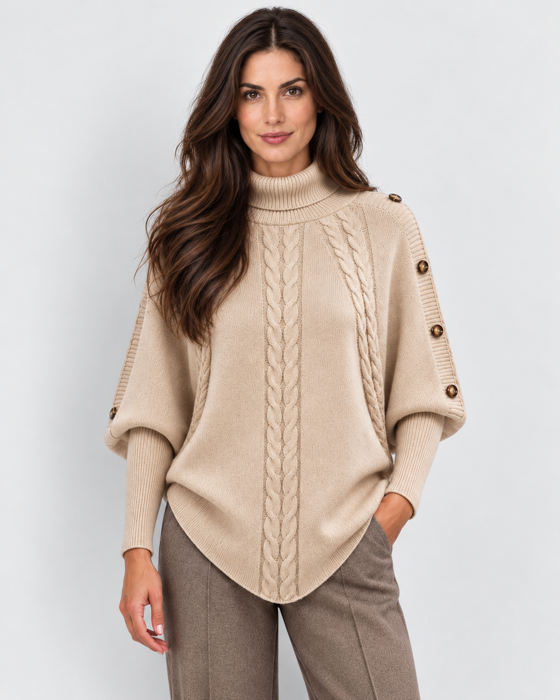 Cable-knit turtleneck sweater with shoulder buttons, beige front