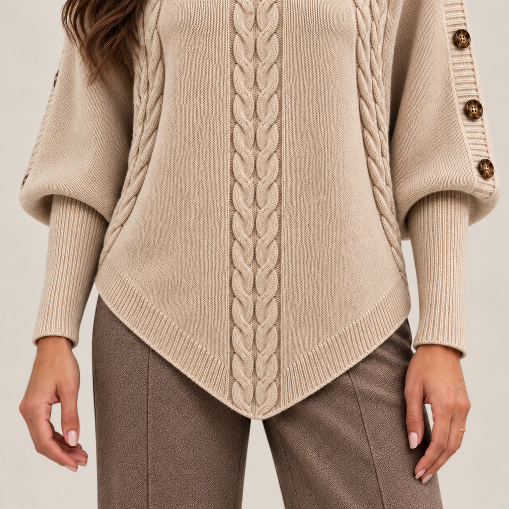 Cable-knit turtleneck sweater with shoulder buttons, beige lower detail