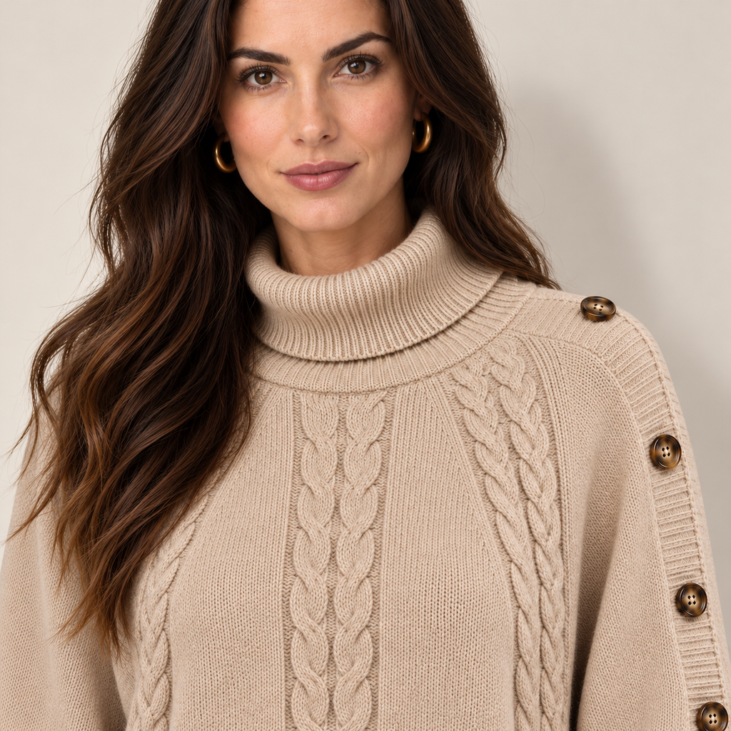 Cable-knit turtleneck sweater with shoulder buttons, beige upper detail