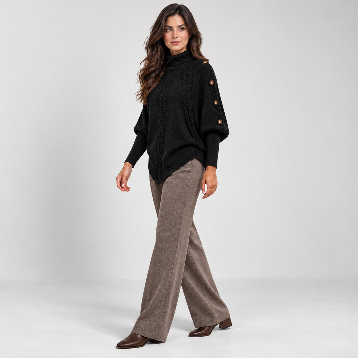 Cable-knit turtleneck sweater with shoulder buttons, black angle