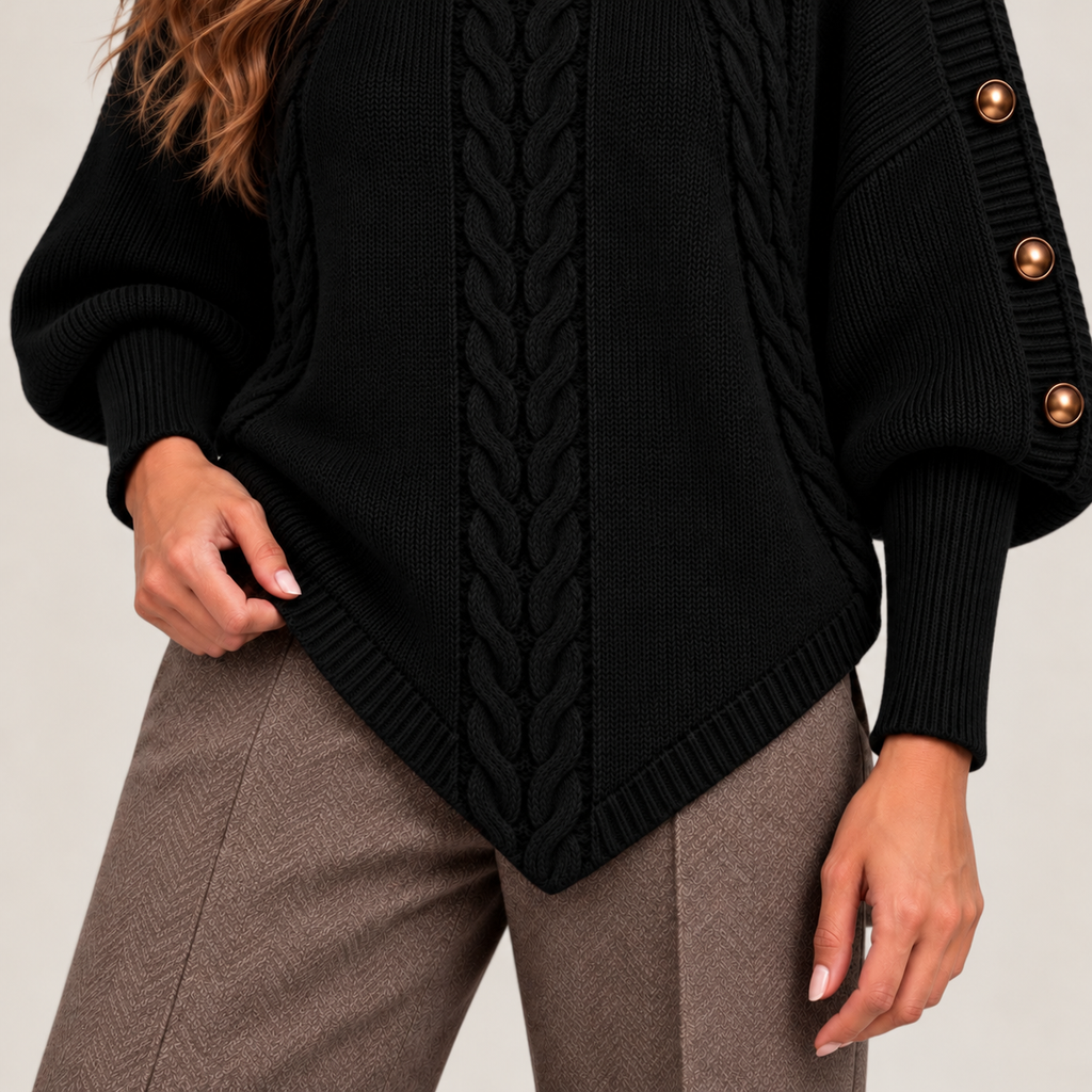 Cable-knit turtleneck sweater with shoulder buttons, black lower detail
