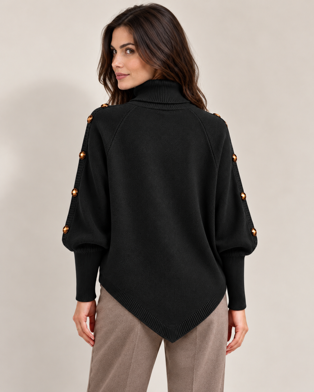 Cable-knit turtleneck sweater with shoulder buttons, black rear