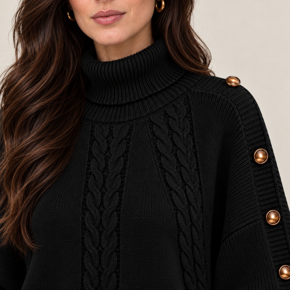 Cable-knit turtleneck sweater with shoulder buttons, black upper detail