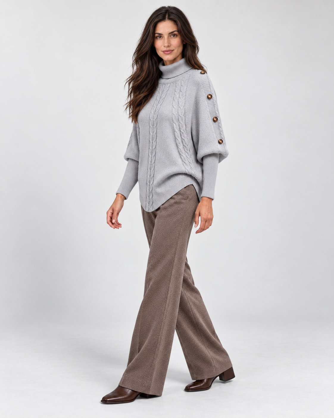 Cable-knit turtleneck sweater with shoulder buttons, grey angle