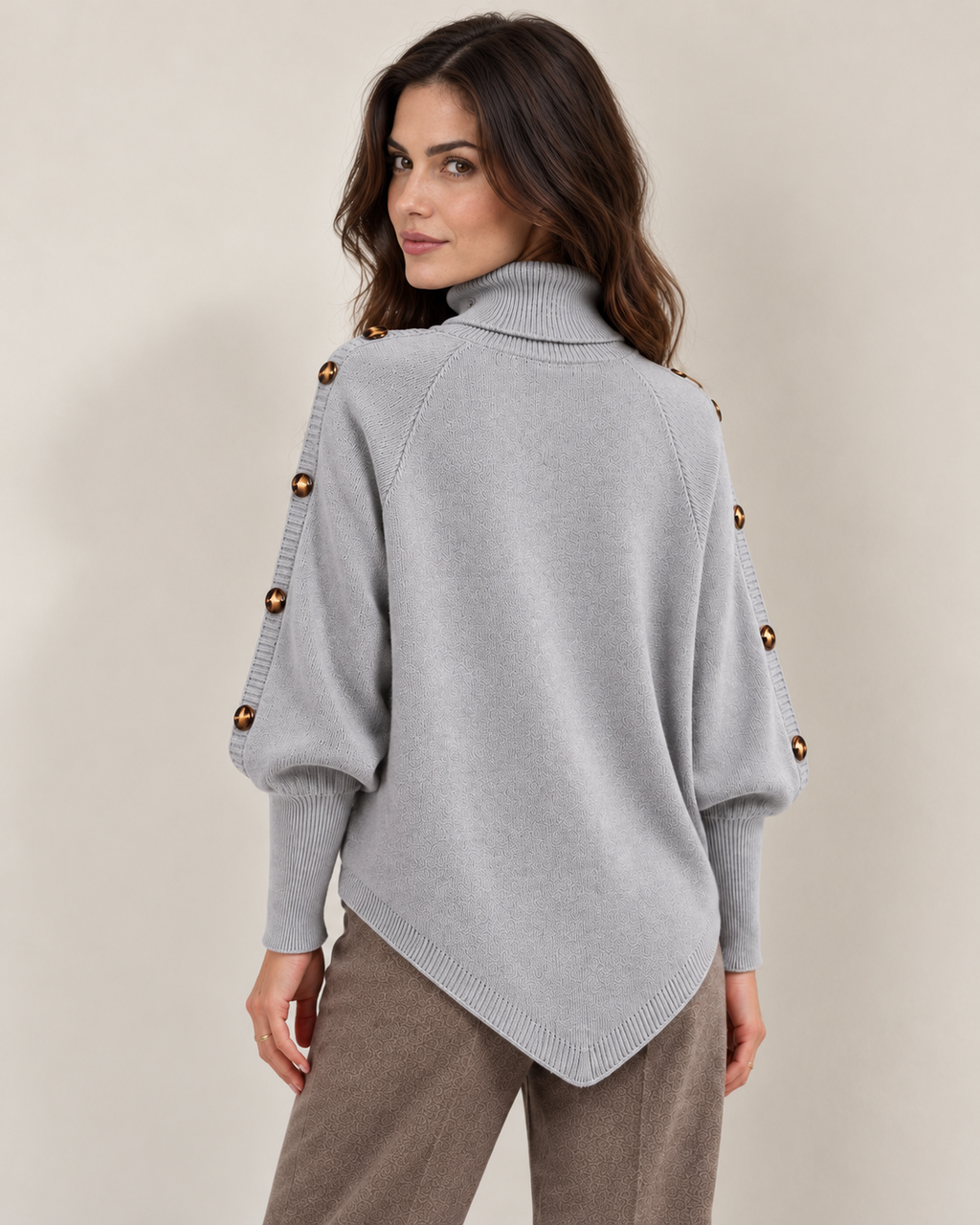 Cable-knit turtleneck sweater with shoulder buttons, grey rear