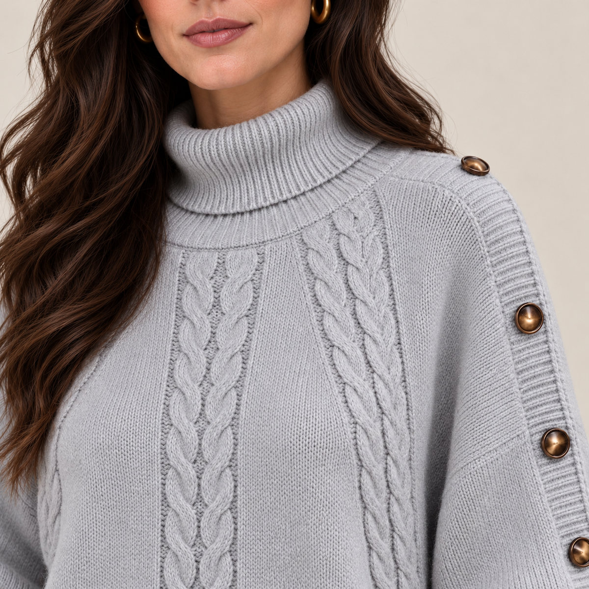 Cable-knit turtleneck sweater with shoulder buttons, grey upper detail