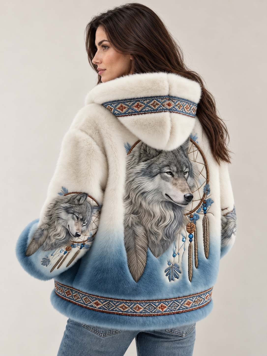 Avery & Mercer women's hooded wolf-print jacket in Blue, rear three-quarter view on own model W02
