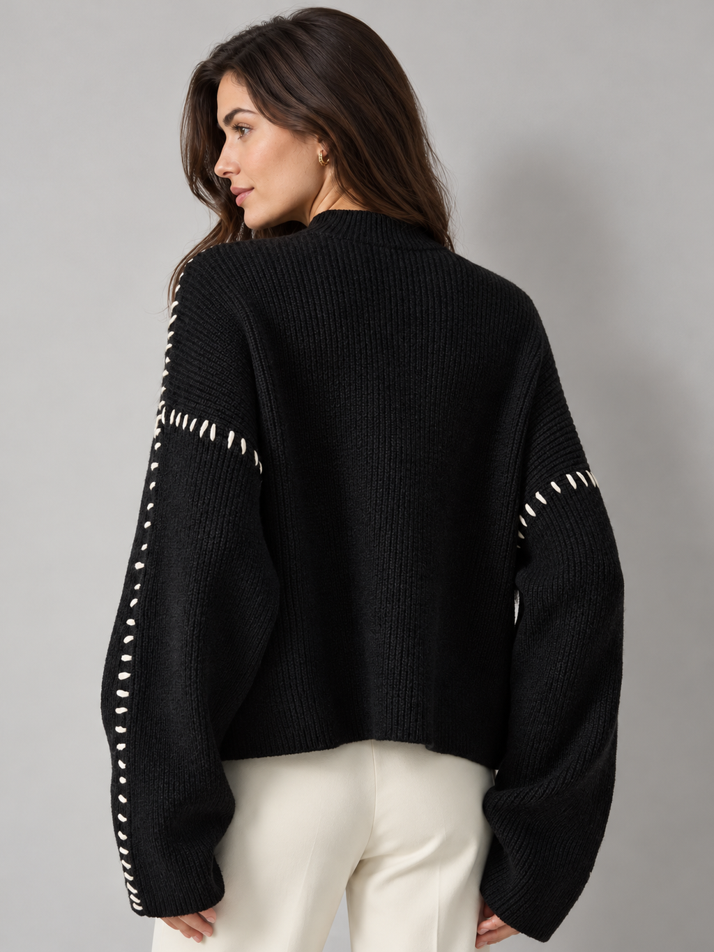 Women's contrast-stitch ribbed sweater - black rear