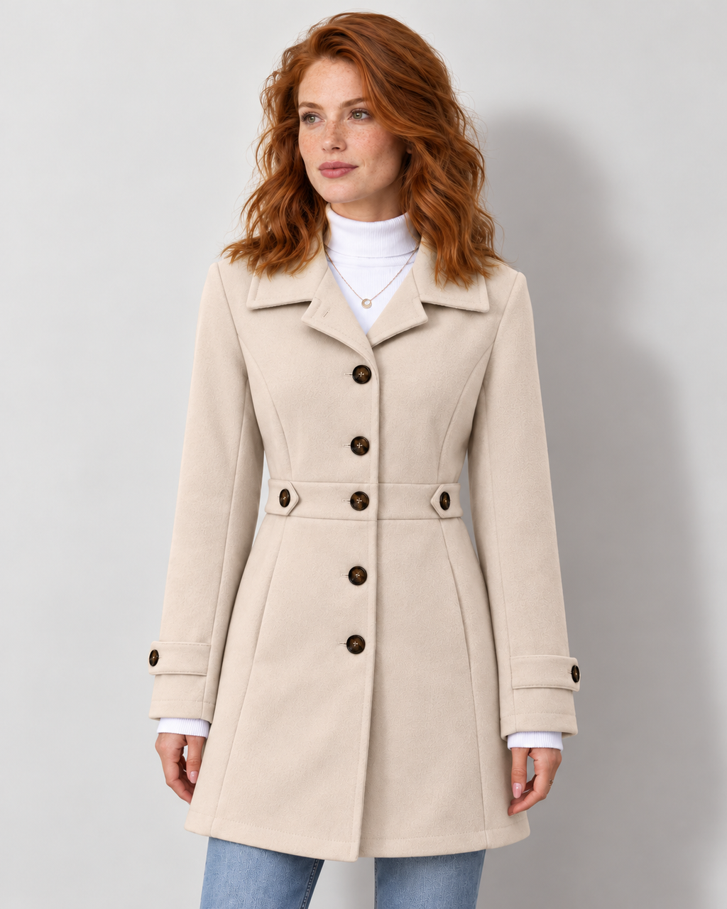 Women's tailored button-front coat with waist tabs, beige front on Avery model W03