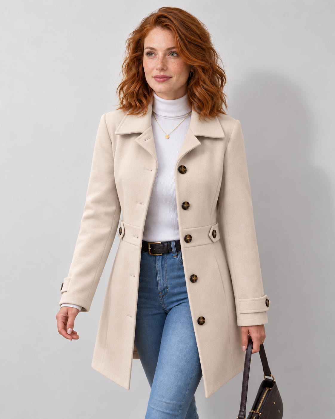 Women's tailored button-front coat with waist tabs, beige open on Avery model W03