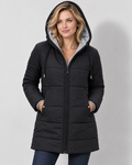 Women's hooded quilted longline coat, Black front on Avery model W01